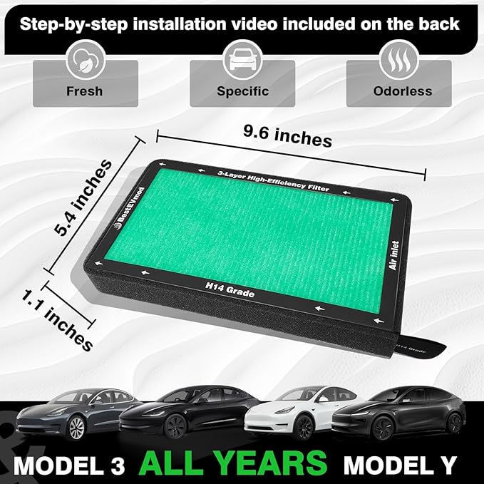 BestEvMod 2 Pack Upgraded Tesla Model 3/Y Cabin Air Filter Replacement HEPA Air Filter with Activated Carbon for 2017-2026 Model 3 & Highland/ 2020-2026 Model Y & Juniper (H14 Precision Filtration)