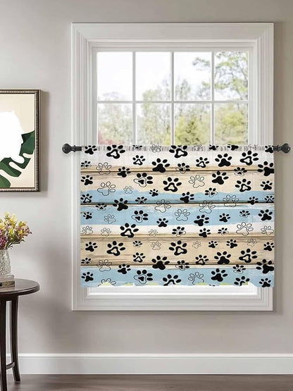 Sheer Curtains 54 Inch Length, Blue Dog Paw Print Semi Sheer Curtains Light Filtering Window Treatment, Vintage Farmhouse Rustic Wooden Grain Privacy Voile Drapes for Living Room Bedroom 52x54 Inch