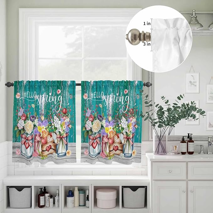 Kitchen Curtains Tiers and Valance Set of 3, Spring Flowers Light Filtering Window Curtain Set, Farmhouse Watercolor Teal Wood Grain Rod Pocket Curtain Drapes for Cafe, Living Room, 24 Inches Tiers