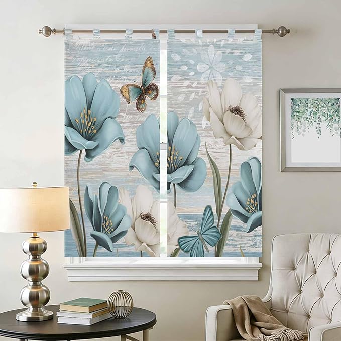 Spring Floral Bathroom Curtains 63 Inch Length, Window Curtains Tab Top, Vintage Tulips Flower Butterfly Retro Wood Blue Light Filtering Window Treatments Drapes 52"x63" 2 Panel