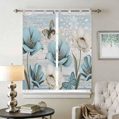 Spring Floral Bedroom Curtains 72 Inch Length, Window Curtains Tab Top, Vintage Tulips Flower Butterfly Retro Wood Blue Light Filtering Window Treatments Drapes 52"x72" 2 Panel