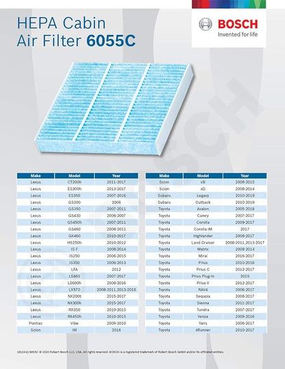 BOSCH 6055C HEPA Cabin Air Filter - Compatible with Select Lexus ES,GS,GX,IS,LS,RX; Subaru Legacy,Outback; Toyota 4Runner,Camry,Corolla,Highlander,Prius,RAV4,Sequoia,Sienna,Tundra + More,(Pack of 3)