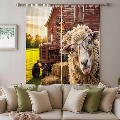 Farm Sheep Living Room Curtains 96 Inch Length, Window Curtains Tab Top, Farmhouse Barn Funny Animals Butterfly Light Filtering Window Treatments Drapes 52"x96" 2 Panel