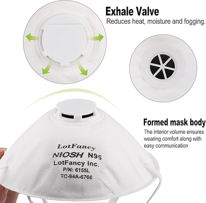 LotFancy NIOSH N95 Mask, 15PCS Particulate Respirator with Breathing Valve, Disposable Air Filter Masks Against Dust, Pollution, Particle, Face Mask for Woodworking, Construction