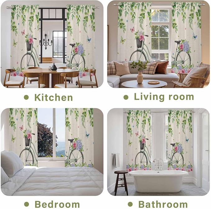 Farmhouse Spring Kitchen Curtains, Retro Bicycles Flowers Vines Butterfly Light Filtering Window Curtain Panels, 2Pcs Rod Pocket Window Treatments Set for Living Room Bathroom Bedroom 52x72 Inches