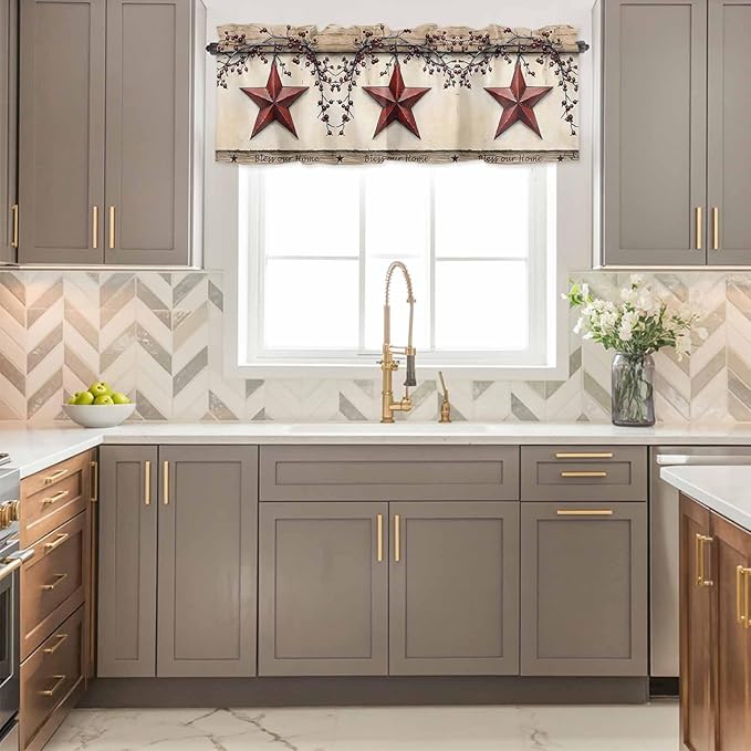 Farmhouse American Valances for Windows, Country Star Berries Vintage Wood Grain Kitchen Valance Light Filtering Rod Pocket Short Curtains for Kitchen Bathroom, 1 Panel, 42"x12"