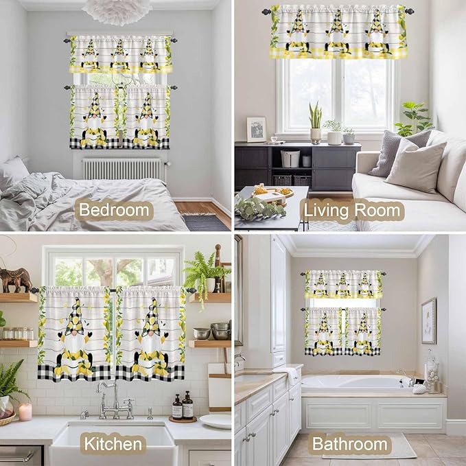 Lemon Gnomes Kitchen Curtains Set 3 Piece for Windows, Rod Pocket Valance and Tier Set 24 Inch Length, Summer Botanical Fruit Wooden Grain Plaid Light Filtering Cafe Curtains for Living Room Bathroom