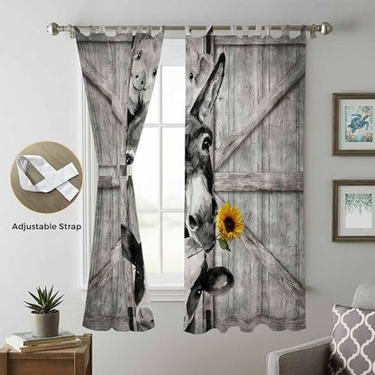 Funny Farm Animals Living Room Curtains 84 Inch Length, Window Curtains Tab Top, Vintage Barn Grey Sunflowers Light Filtering Window Treatments Drapes 52"x84" 2 Panel