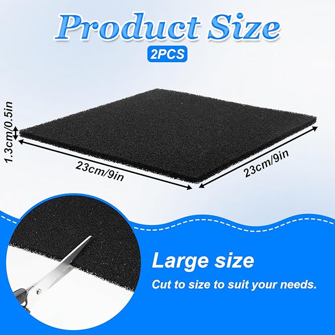 2 Pack Aquarium Bio Sponge Filter Pad, 40 PPI Fish Tank Filter Foam Sponges Filter Media Foam Sponges Cut-to-Size Foams for Fish Tank Ponds (9" x 9" x 0.5")