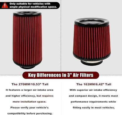 RYANSTAR RACING 76mm 3" High Flow Round Tapered Cone Cool Air Filter Cleaner with Top Filter Design Long 270mm tall