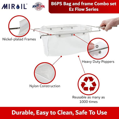 MirOil B6PS EZ Flow Deep Fryer Oil Filter Bag w/Frame – Reusable Grease Fryer Strainer to Extend Oil Life & Maintain Food Quality – Handles Kitchen Hot or Cold Liquid – Deep Fryer Filter for Cooking