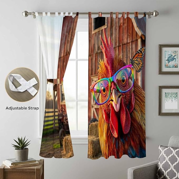 Farm Rooster Living Room Curtains 96 Inch Length, Window Curtains Tab Top, Farmhouse Barn Funny Animals Butterfly Light Filtering Window Treatments Drapes 52"x96" 2 Panel