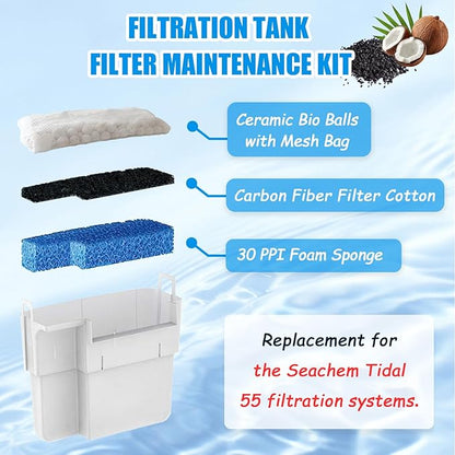 SHIGATSU 4 Set Three-Stage Filters Replacement Media Kit for Seachem Tidal 55 Filter, Replacement Aquarium Filter Sponge and Activated Carbon Pad for Fish Tank Filter