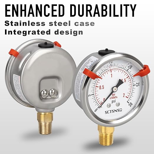 0 to 30 Psi Pressure Gauge, Glycerin Liquid Filled, 2.5 inch Dial, 1/4" NPT Lower Mount, Stainless Steel Case, for Water Tank, Pool Sand Filter, Coolant, CO2, Oil, Gas, Low Pressure Test