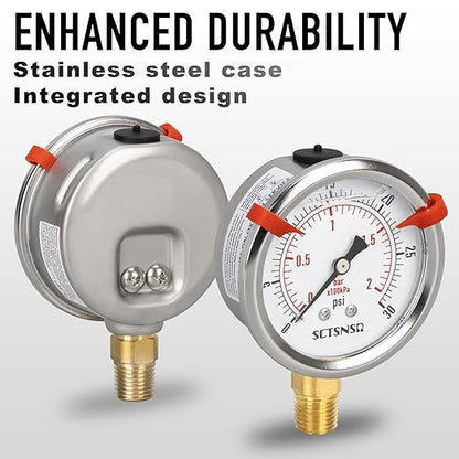 0 to 30 Psi Pressure Gauge, Glycerin Liquid Filled, 2.5 inch Dial, 1/4" NPT Lower Mount, Stainless Steel Case, for Water Tank, Pool Sand Filter, Coolant, CO2, Oil, Gas, Low Pressure Test