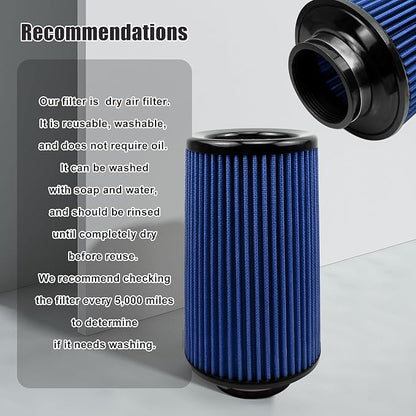 RYANSTAR RACING 76mm 3" High Flow Round Tapered Cone Cool Air Filter Cleaner with Top Filter Design Long 270mm tall Blue