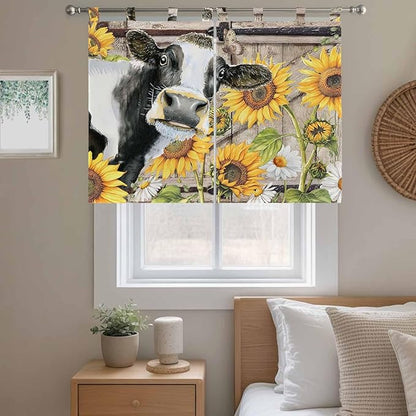 Retro Farmhouse Flower Kitchen Curtains 45 Inch Length, Short Cafe Window Curtains Tab Top, Yellow Sunflowers Cow Barn Doors Brown Light Filtering Window Treatments Tier Drapes 27.5"x45" 2 Panel