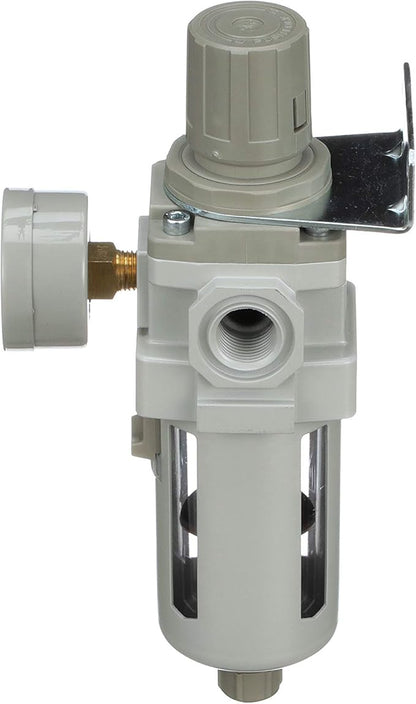 PneumaticPlus SAW400-N04BG Compressed Air Filter Regulator Piggyback Combo 1/2" NPT - Poly Bowl, Manual Drain, Bracket, Gauge