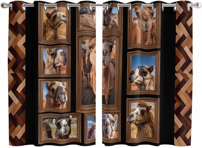 2 Panel Kitchen Cafe Curtains, Desert Camels Sunlight Filtering Nature Air Through, Home Decor Window Covering Tier Curtains for Living Room 104W x 63L inch Brown Wildlife Farmhouse Animals Rustic