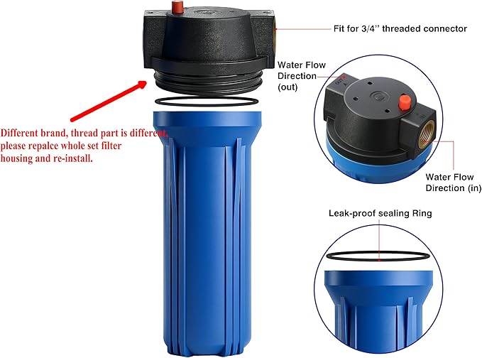 Geekpure 10-Inch Whole House Slim Water Filter Housing for 2.5" x 10" Filter - 3/4" NPT Brass Port - with Air Relief Valve-Blue (1)