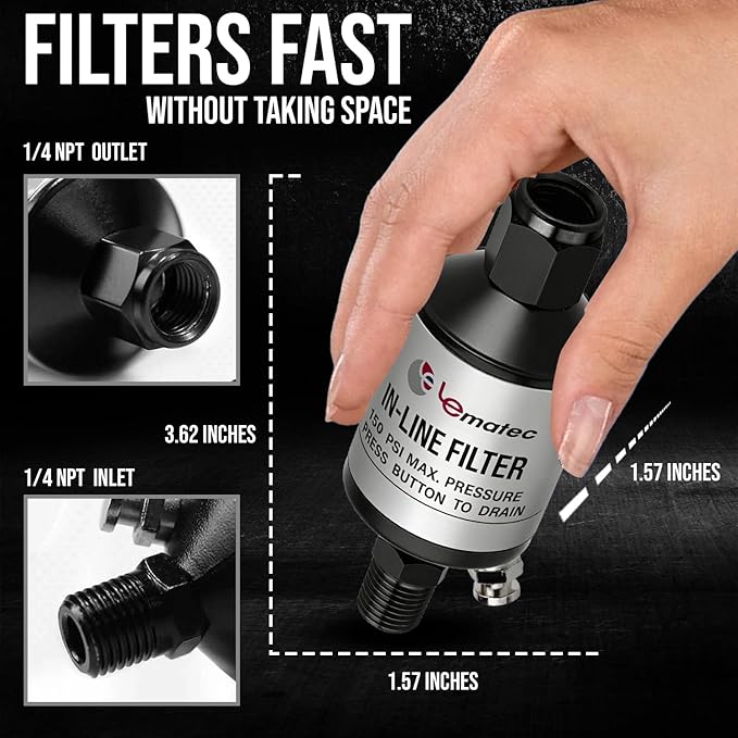 LE LEMATEC Air Compressor Water Separator - 1/4" NPT Inline Filter & Air Line Water Separator for Air Compressor, Moisture Trap Paint Gun Filter for Pneumatic Tools & Plasma Cutters, AI303