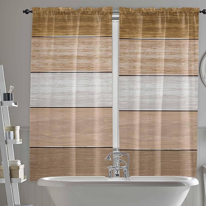 Retro Farm Wood Board Window Valance Curtains, Brown Graduality Striped Light Filtering Kitchen Valance with 3-inch Rod Pocket for Living Room Bathroom Bedroom,2 Panel,52x72In