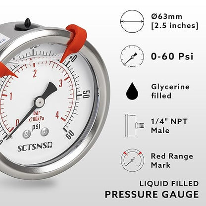 0 to 60 Psi Pressure Gauge, Glycerin Liquid Filled, 2.5 inch Dial, 1/4" NPT Back Mount, Stainless Steel Case, for Swimming Pool Sand Filter, Water Pump, Regulator, Air, Oil, Low Pressure Test