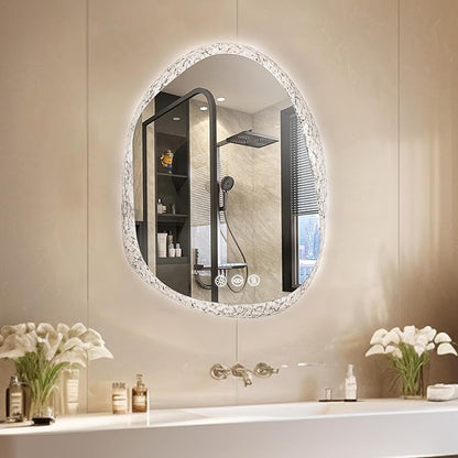 LUVODI Lighted LED Bathroom Mirror: 28”x20”Irregular Stone Pattern Frosted Wall Vanity Mirror with Bright Back Lit - Illuminated Dimmable 3 Colors Vanity Mirrors with Smart Memory Form Anti-Fog