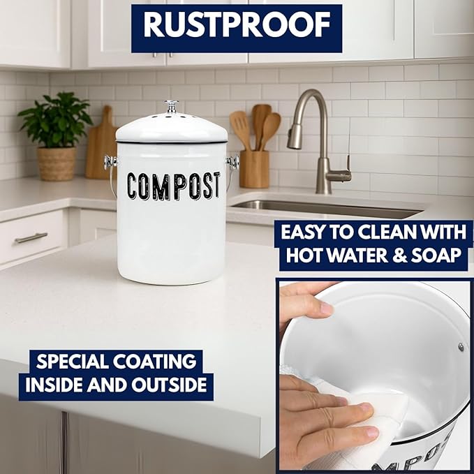 Granrosi Countertop Compost Bin Kitchen - 1.3 Gal Indoor Compost Bucket with Lid for Kitchen, Farmhouse Rust Proof & Odorless Composter Bin for Countertop, 3 Charcoal Filters