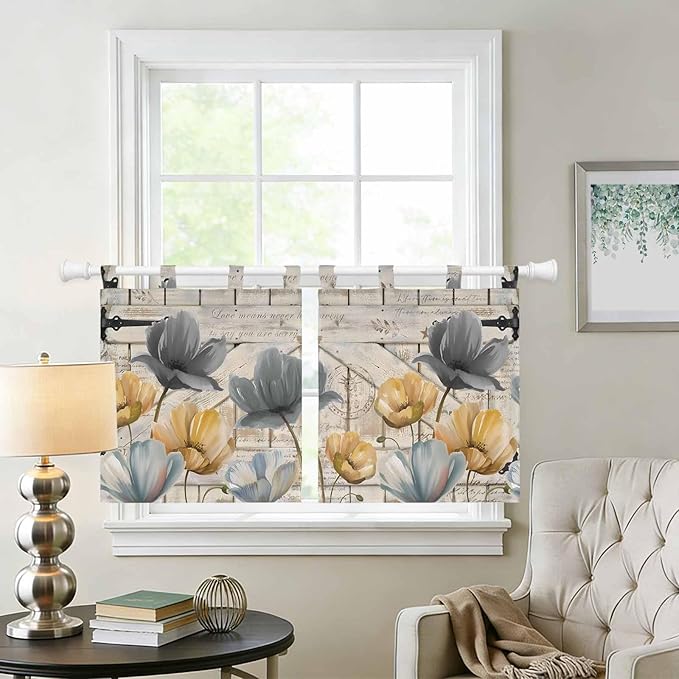 Spring Tulips Flower Kitchen Curtains 24 Inch Length, Small Window Curtains Tab Top, Vintage Floral Barn Doors Rustic Beige Light Filtering Short Window Treatments Tier Drapes 27.5"x24" 2 Panel