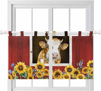 Cows Sunflowers Kitchen Curtains 24 Inch Length, Small Window Curtains Tab Top, Spring Floral Bees Farmhouse Barn Light Filtering Short Window Treatments Tier Drapes 27.5"x24" 2 Panel