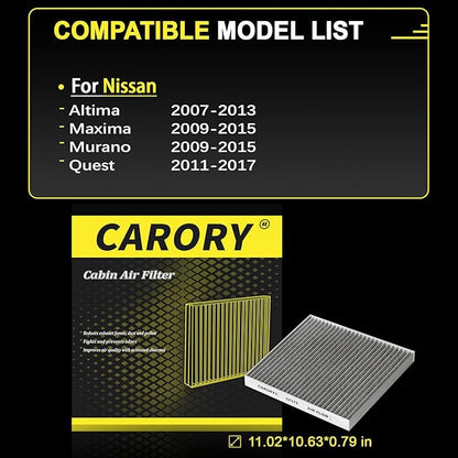 Cabin Air Filter w/Activated Carbon for 2007-2012 Nissan Altima, 2009-2014 Murano, 2009-2014 Maxima, 2011-2017 Quest, 27277-JA000, 27277-JA00A, 2008 2009 2010 2011 2012 2013 2014 2015 2016