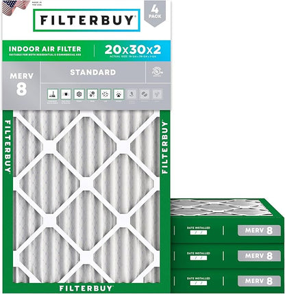 Filterbuy 20x30x2 Air Filter MERV 8 Essential Dust & Allergy Defense (4-Pack), Electrostatic Pleated HVAC AC Furnace Filters Replacement, Made in USA (Actual Size: 19.75 x 29.75 x 1.75)