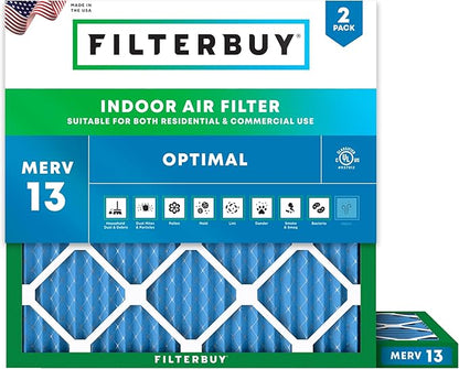 Filterbuy 15x15x1 Air Filter MERV 13 Optimal Smoke & Allergy Defense (2-Pack), Electrostatic Pleated HVAC AC Furnace Filters Replacement, Made in USA (Actual Size: 15.00 x 15.00 x 0.75)