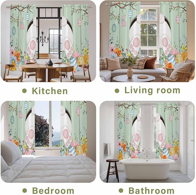 Easter Window Curtains 72 Inch Long 2 Panel Set, Rod Pocket Long Curtains & Drapes, Spring Watercolor Bunny Eggs Wooden Grain Green Light Filtering Window Treatment for Bedroom Living Room 52"W x 72"L