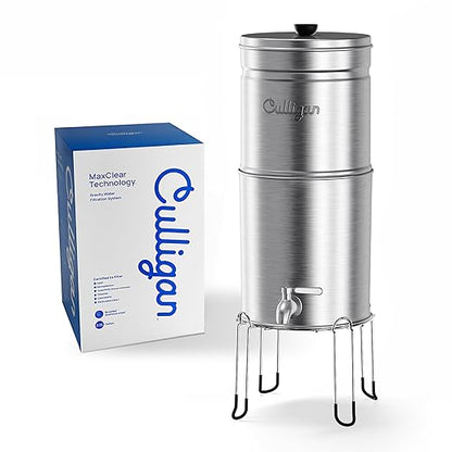 Culligan MaxClear 2.25 Gallon Gravity Water Filter System, Brushed Stainless-Steel Countertop Water Filter NSF/ANSI Certified to Reduce Microplastics, Lead & Total PFAS, with 2 Ceramic Filters
