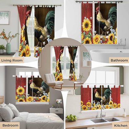 Chicken Sunflowers Kitchen Curtains 36 Inch Length, Small Window Curtains Tab Top, Farmhouse Animals Red Barn Bees Light Filtering Short Window Treatments Tier Drapes 27.5"x36" 2 Panel