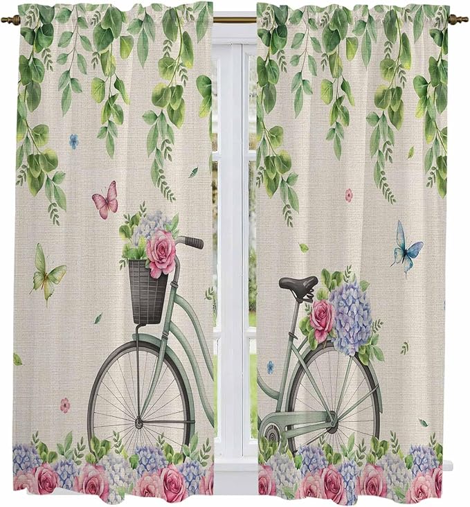 Farmhouse Spring Kitchen Curtains, Retro Bicycles Flowers Vines Butterfly Light Filtering Window Curtain Panels, 2Pcs Rod Pocket Window Treatments Set for Living Room Bathroom Bedroom 42x63 Inches