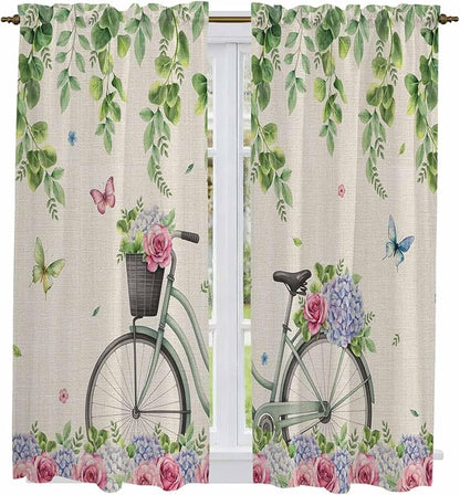 Farmhouse Spring Kitchen Curtains, Retro Bicycles Flowers Vines Butterfly Light Filtering Window Curtain Panels, 2Pcs Rod Pocket Window Treatments Set for Living Room Bathroom Bedroom 42x63 Inches