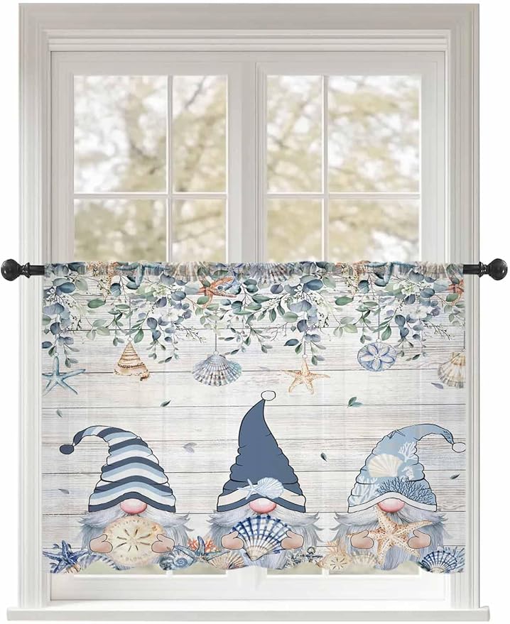 Sheer Curtains 45 Inch Length, Coastal Eucalyptus Leaf Semi Sheer Curtains Light Filtering Window Treatment, Ocean Blue Gnomes Starfish Wood Grain Privacy Voile Drapes for Living Room 52x45 Inch