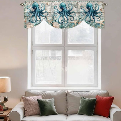 Sea Octopus Ocean Starfish Tie Up Valance Curtains,Nautical Anchor Vintage Wood Grain Kitchen Light Filtering Window Treatments with 3-inch Rod Pocket for Living Room,Bedroom,42x18In