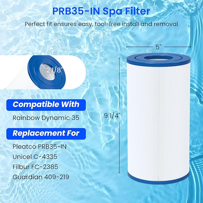 Future Way PRB35-IN Hot Tub Filter Replacement for Thermospa FL1008, Replace Filbur FC-2385, Pleatco Pure PRB35-IN, Unicel C-4335, 35 Sq. Ft, 5 X 9 Drop in Spa Filter, 2 Pack