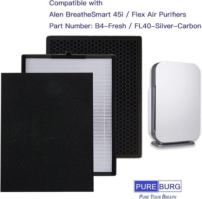 PUREBURG Replacement Filter Set Compatible with Alen 45i & Flex BreatheSmart Air Purifier B4-Fresh, FL40-Silver-Carbon, H13 HEPA & 4 x Activated Carbon For Air Clean Dust VOCs Odor