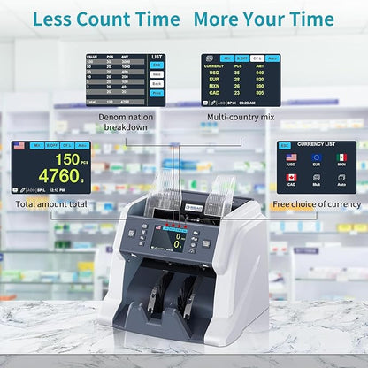 RIBAO BC-40 Mixed Denomination Money Counter Machine, Value Counting, Bill Counter Multi Currency, CIS/UV/MG/IR Counterfeit Detection for Business