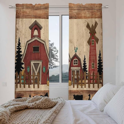 Brown Farmhouse Kitchen Curtains, Vintage Country Animals Wooden Grain Light Filtering Window Curtain Panels, 2Pcs Rod Pocket Window Treatments Set for Living Room Bathroom Bedroom 52x72 Inches