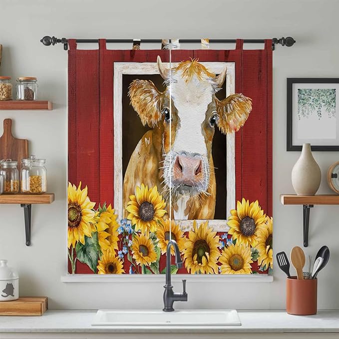 Cows Sunflowers Bathroom Curtains 63 Inch Length, Window Curtains Tab Top, Spring Floral Bees Farmhouse Barn Light Filtering Window Treatments Drapes 52"x63" 2 Panel
