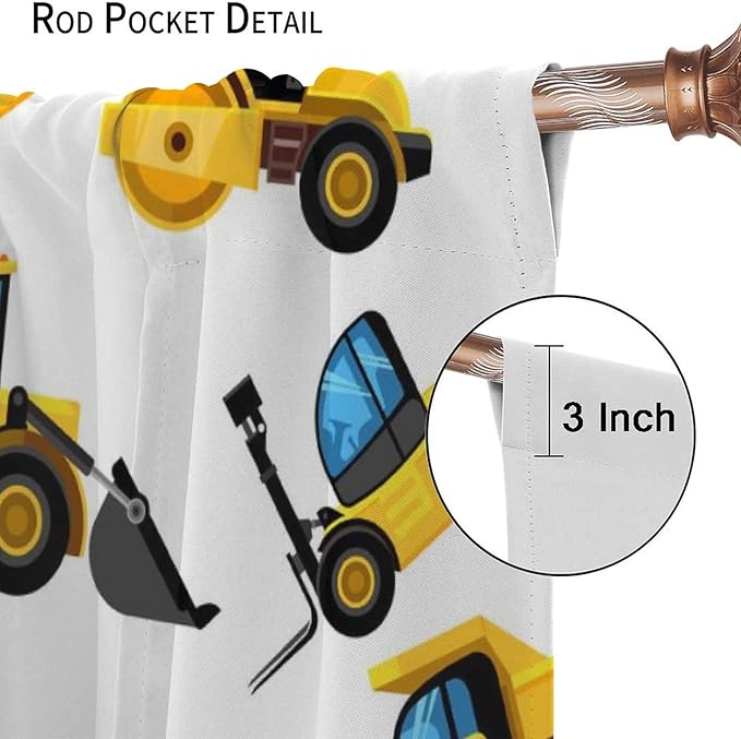 Kids Construction Equipment Window Curtains, Excavator Tractor Tow Truck Rod Pocket Decorative Windows Curtain for Children Teens Boys Girls Room Decor 42x63in (30% Blackout)