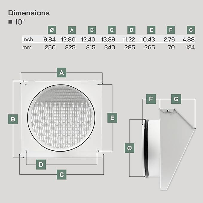 Vent Systems 10" Inch Exhaust Vent Cover with Rubber Gasket - White Galvanized Steel - Robust and Weatherproof Outdoor Air Exhaust Box - Duct or Surface Mounting - Rain and Snow Protection
