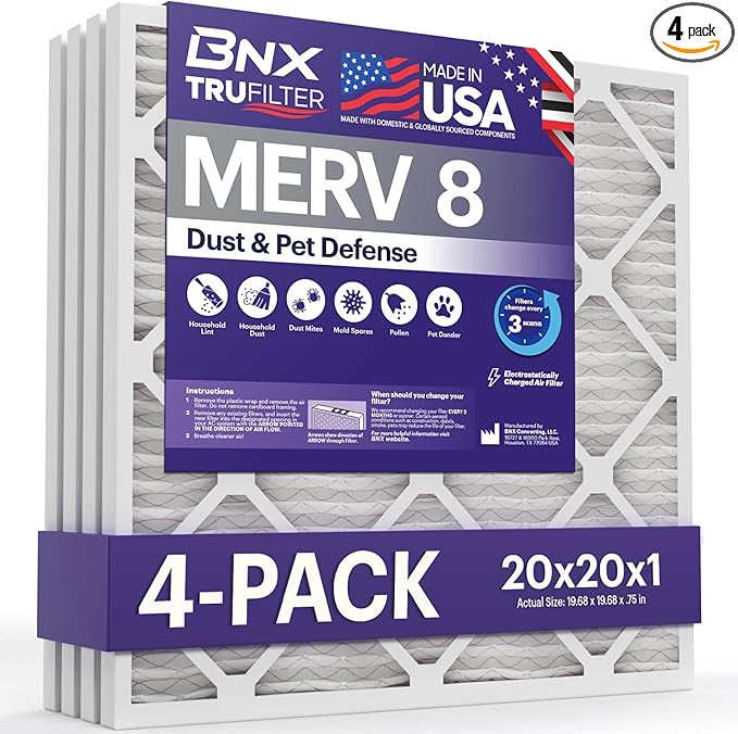 BNX TruFilter 20x20x1 Air Filter MERV 8 (4 Pack) - MADE IN USA – Dust & Pet Defense Electrostatic Pleated Air Conditioner HVAC AC Furnace Filters for Dust, Pet, Mold, Pollen MPR 600 – 700 & FPR 5