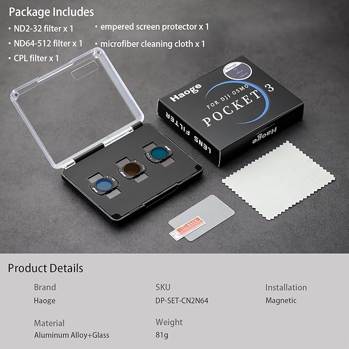 Haoge Filter Set for DJI Osmo Pocket 3 Creator Combo,with CPL, Variable ND 2-32,Variable ND 64-512 Filters and Screen Protector,Kit for Landscape Photography